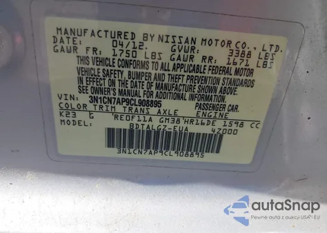 2012 Nissan Versa 1.6 Sl из США, поврежденный, VIN 3N1CN7AP9CL908895